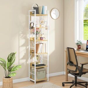 DWVO Book Shelf 6 Tiers, Tall Bookcase with Steel Frame Industrial Bookshelf with 4 Hooks Floorstanding Shelving Unit Narrow Display Rack Storage Organizer for Living Room Bedroom, White and Oak DWVO Book Shelf 6 Tiers, Tall Bookcase with Steel Frame Industrial Bookshelf with 4 Hooks Floorstanding Shelving Unit Narrow Display Rack Storage Organizer for Living Room Bedroom, White and Oak