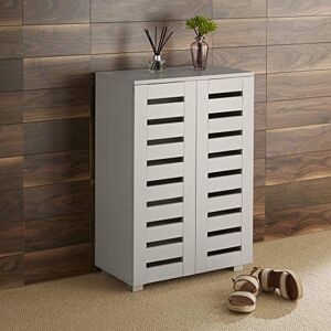 Home Source 2 Door Wooden Shoe Storage Cabinet Rack Stand Slatted Cupboard, Grey Home Source 2 Door Wooden Shoe Storage Cabinet Rack Stand Slatted Cupboard, Grey