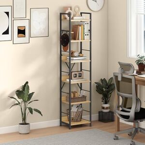 DWVO Book Shelf 6 Tiers, Tall Bookcase with Steel Frame Industrial Bookshelf with 4 Hooks Floorstanding Shelving Unit Narrow Display Rack Storage Organizer for Living Room Bedroom, Oak Color DWVO Book Shelf 6 Tiers, Tall Bookcase with Steel Frame Industrial Bookshelf with 4 Hooks Floorstanding Shelving Unit Narrow Display Rack Storage Organizer for Living Room Bedroom, Oak Color