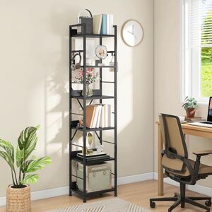 DWVO Book Shelf 6 Tiers, Tall Bookcase with Steel Frame Industrial Bookshelf with 4 Hooks Floorstanding Shelving Unit Narrow Display Rack Storage Organizer for Living Room Bedroom, Black DWVO Book Shelf 6 Tiers, Tall Bookcase with Steel Frame Industrial Bookshelf with 4 Hooks Floorstanding Shelving Unit Narrow Display Rack Storage Organizer for Living Room Bedroom, Black