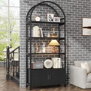 Feonase Arched Book Shelf, Bookcase with Doors Storage, 180cm Tall Bookshelf with Sturdy Metal Frame, E1 Quality Boards, Freestanding Display Shelving Unit Living Room, Rustic Brown (Black) Feonase Arched Book Shelf, Bookcase with Doors Storage, 180cm Tall Bookshelf with Sturdy Metal Frame, E1 Quality Boards, Freestanding Display Shelving Unit Living Room, Rustic Brown (Black)