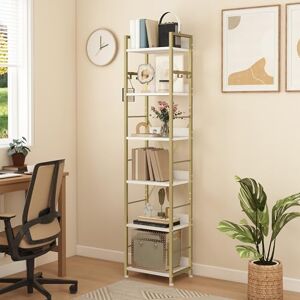 DWVO 6 Tier Book Shelf, Tall Bookcase with Steel Frame, Industrial Bookcase with 4 Hooks, Floor Shelf, Narrow Display Rack for Living Room, Bedroom, Gold DWVO 6 Tier Book Shelf, Tall Bookcase with Steel Frame, Industrial Bookcase with 4 Hooks, Floor Shelf, Narrow Display Rack for Living Room, Bedroom, Gold