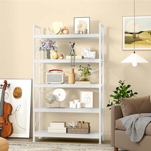 DWVO Tall Bookcase 5 Tiers, Industrial Book Shelf 80cm Wide 158cm High Large Book Case Wooden Shelf and Metal Shelving Unit Display Storage Rack for Living Room, Home Office, Pure White DWVO Tall Bookcase 5 Tiers, Industrial Book Shelf 80cm Wide 158cm High Large Book Case Wooden Shelf and Metal Shelving Unit Display Storage Rack for Living Room, Home Office, Pure White