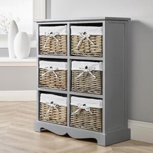 Home Source Bedroom Wooden Storage Unit, Woven Willow Wicker Baskets, 6 Drawer Wide Cabinet Chest, Grey Home Source Bedroom Wooden Storage Unit, Woven Willow Wicker Baskets, 6 Drawer Wide Cabinet Chest, Grey