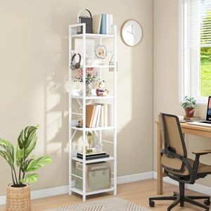 DWVO Book Shelf 6 Tiers, Tall Bookcase with Steel Frame Industrial Bookshelf with 4 Hooks Floorstanding Shelving Unit Narrow Display Rack Storage Organizer for Living Room Bedroom, White DWVO Book Shelf 6 Tiers, Tall Bookcase with Steel Frame Industrial Bookshelf with 4 Hooks Floorstanding Shelving Unit Narrow Display Rack Storage Organizer for Living Room Bedroom, White