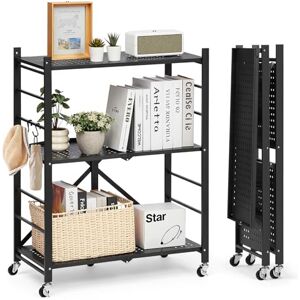 VEVOR 3-Tier Foldable Storage Shelf, 28W x 13D x 36H Inch Folding Metal Rack Shelving Unit, No Assembly Organizer Shelf with 5 Wheels & 4 Hooks for Pantry, Kitchen, Garage, Basement, Black VEVOR 3-Tier Foldable Storage Shelf, 28W x 13D x 36H Inch Folding Metal Rack Shelving Unit, No Assembly Organizer Shelf with 5 Wheels & 4 Hooks for Pantry, Kitchen, Garage, Basement, Black