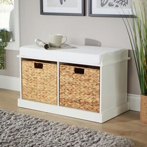Home Source Hallway Shoe Storage Wooden Bench, 2 Water Hyacinth Basket Drawers, Cushioned Padded Seat, White Home Source Hallway Shoe Storage Wooden Bench, 2 Water Hyacinth Basket Drawers, Cushioned Padded Seat, White