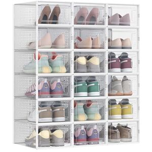 SONGMICS Shoe Boxes, Pack of 18 Stackable Shoe Storage Organisers, Foldable and Versatile for Sneakers, Fit up to UK Size 9.5, Transparent and White LSP18SWT SONGMICS Shoe Boxes, Pack of 18 Stackable Shoe Storage Organisers, Foldable and Versatile for Sneakers, Fit up to UK Size 9.5, Transparent and White LSP18SWT