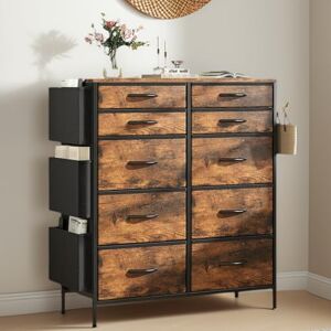 Feonase Chest of Drawers Bedroom, Tall Fabric Dresser with 10 Drawers, 3 Side Pockets & 2 Hooks, Metal Frame, Wood Top, Storage Organizer for Bedroom, Living Room, Hallway, Closet (Rustic Brown) Feonase Chest of Drawers Bedroom, Tall Fabric Dresser with 10 Drawers, 3 Side Pockets & 2 Hooks, Metal Frame, Wood Top, Storage Organizer for Bedroom, Living Room, Hallway, Closet (Rustic Brown)