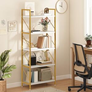DWVO 5 Tiers Book Shelf, Wood and Metal Bookcase Storage Organizer, Industrial Bookshelf Tall Shelving Unit Display Rack for Living Room Kitchen Bedroom, Gold and White Book Rack DWVO 5 Tiers Book Shelf, Wood and Metal Bookcase Storage Organizer, Industrial Bookshelf Tall Shelving Unit Display Rack for Living Room Kitchen Bedroom, Gold and White Book Rack
