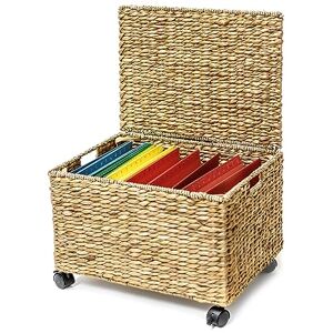 Trademark Innovations Rolling Wicker Cabinet Hanging File Water Hyacinth Basket Storage Box, 18" L x 15" W x 13.7" H, Natural Trademark Innovations Rolling Wicker Cabinet Hanging File Water Hyacinth Basket Storage Box, 18" L x 15" W x 13.7" H, Natural