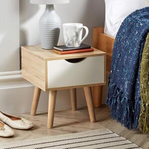 Home Source Bedside Cabinet 1 Drawer Oak Effect White Lamp Side Table, Solid Wood Legs, Scandi Style Home Source Bedside Cabinet 1 Drawer Oak Effect White Lamp Side Table, Solid Wood Legs, Scandi Style