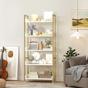 DWVO Tall Bookcase 5 Tiers, Floor Standing Industrial Book Shelf 64cm Wide 160cm High Large Book Case Wooden Shelf and Metal Shelving Unit Display for Living Room, Home, Gold DWVO Tall Bookcase 5 Tiers, Floor Standing Industrial Book Shelf 64cm Wide 160cm High Large Book Case Wooden Shelf and Metal Shelving Unit Display for Living Room, Home, Gold
