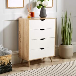 Home Source Chest of 4 Drawers Bedroom Storage Cabinet, Solid Wood Legs, Scandi Style, Oak Effect Home Source Chest of 4 Drawers Bedroom Storage Cabinet, Solid Wood Legs, Scandi Style, Oak Effect