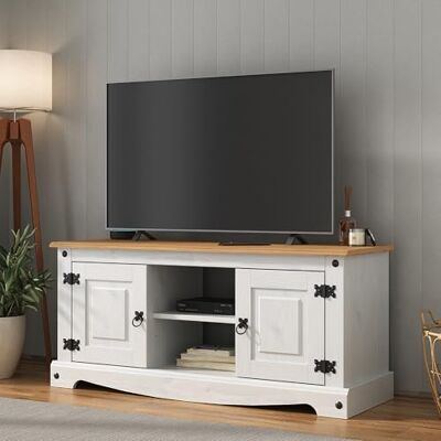 Mews Corona White TV Stand Flat Screen Entertainment Unit 2 Door Television Cabinet Mexican Solid Pine 52cm H x 115cm W x 40cm D Mews Corona White TV Stand Flat Screen Entertainment Unit 2 Door Television Cabinet Mexican Solid Pine 52cm H x 115cm W x 40cm D