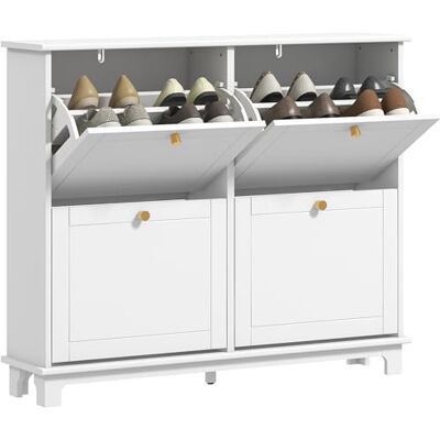 HOMCOM Narrow Shoe Storage Cabinet for Hallway, Modern Slim Shoe Cabinet with 4 Flip Drawers and Adjustable Shelves for 16 Pairs of Shoes, White HOMCOM Narrow Shoe Storage Cabinet for Hallway, Modern Slim Shoe Cabinet with 4 Flip Drawers and Adjustable Shelves for 16 Pairs of Shoes, White