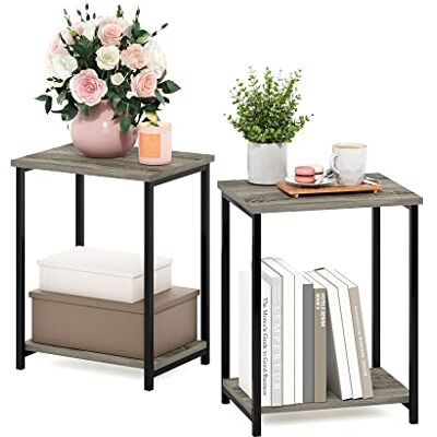 Furinno Simplistic Industrial Metal Frame End Table - 2-Pack - French Oak Furinno Simplistic Industrial Metal Frame End Table - 2-Pack - French Oak