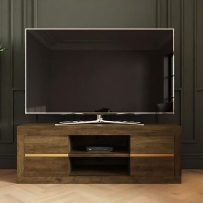 GFW Astley TV Unit with 4 Drawers and Open Shelving, Knotty Oak Effect TV Stand with Gold Accent Detail, Media Storage Cabinet for TVs up to 55 Inch GFW Astley TV Unit with 4 Drawers and Open Shelving, Knotty Oak Effect TV Stand with Gold Accent Detail, Media Storage Cabinet for TVs up to 55 Inch