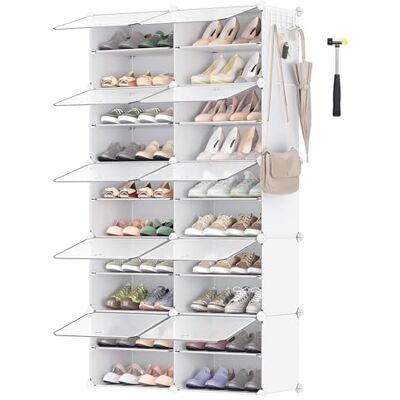 SONGMICS Interlocking Shoe Rack, Plastic Shoe Storage Cabinet, 10-Slot Modular Storage Organiser Unit, 30 x 40 x 30 cm for Each Slot, with Doors, Steel Frame, Plastic Panels, White LPC035W01 SONGMICS Interlocking Shoe Rack, Plastic Shoe Storage Cabinet, 10-Slot Modular Storage Organiser Unit, 30 x 40 x 30 cm for Each Slot, with Doors, Steel Frame, Plastic Panels, White LPC035W01