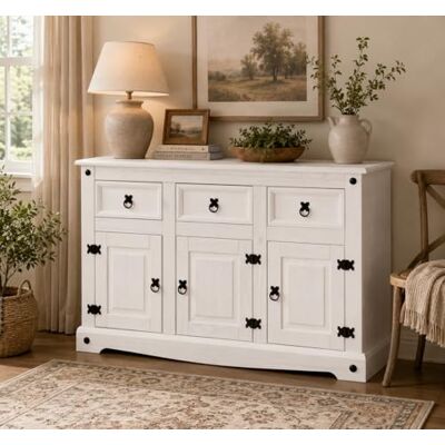 Mews Corona Sideboard 3 Door 3 Drawer Country House All White Solid Mexican Pine Wood W 125cm x D 40cm x H 76cm Mews Corona Sideboard 3 Door 3 Drawer Country House All White Solid Mexican Pine Wood W 125cm x D 40cm x H 76cm