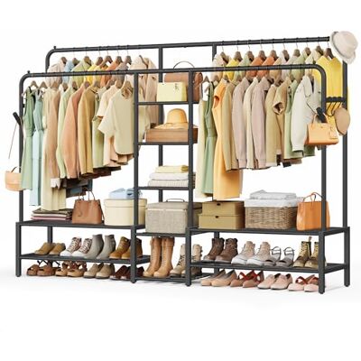 SONGMICS Clothes Rail, Heavy Duty Clothes Rack with 9 Storage Shelves, Double Hanging Rods, Metal Coat Rack, Open Wardrobe for Bedroom, Living Room, Hallway, Black HSR183B01 SONGMICS Clothes Rail, Heavy Duty Clothes Rack with 9 Storage Shelves, Double Hanging Rods, Metal Coat Rack, Open Wardrobe for Bedroom, Living Room, Hallway, Black HSR183B01