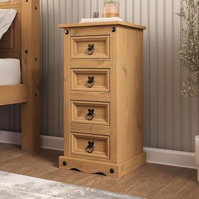 Mews Corona 4 Drawer Bedside Table Cabinet Solid Pine Wood Narrow Storage Side End Lamp Unit for Bedroom Hallway Living Room Mexican Style Furniture Mews Corona 4 Drawer Bedside Table Cabinet Solid Pine Wood Narrow Storage Side End Lamp Unit for Bedroom Hallway Living Room Mexican Style Furniture