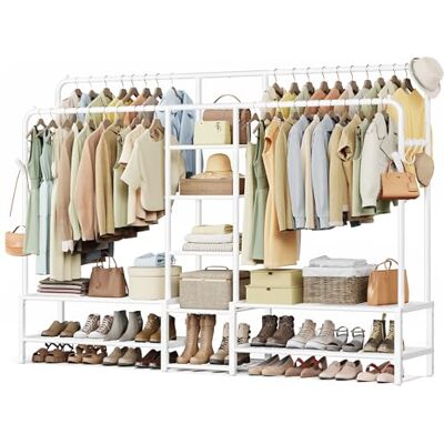 SONGMICS Clothes Rail, Heavy Duty Clothes Rack with 9 Storage Shelves, Double Hanging Rods, Metal Coat Rack, Open Wardrobe for Bedroom, Living Room, Hallway, White HSR183WG01 SONGMICS Clothes Rail, Heavy Duty Clothes Rack with 9 Storage Shelves, Double Hanging Rods, Metal Coat Rack, Open Wardrobe for Bedroom, Living Room, Hallway, White HSR183WG01