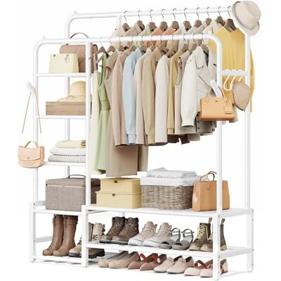 SONGMICS Clothes Rail, Heavy Duty Clothes Rack with 7 Storage Shelves, Double Hanging Rods, Metal Coat Rack, Open Wardrobe for Bedroom, Living Room, Hallway, White HSR182WG01 SONGMICS Clothes Rail, Heavy Duty Clothes Rack with 7 Storage Shelves, Double Hanging Rods, Metal Coat Rack, Open Wardrobe for Bedroom, Living Room, Hallway, White HSR182WG01