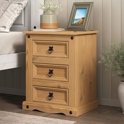 Mews Corona Bedside Table Cabinet Large Nightstand 3 Drawer Solid Pine Wood Wax Finish 60cm H x 48cm W x 35cm D Mews Corona Bedside Table Cabinet Large Nightstand 3 Drawer Solid Pine Wood Wax Finish 60cm H x 48cm W x 35cm D