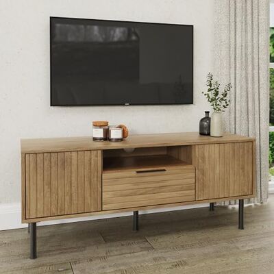 GFW Nervata TV Unit, Oak Effect Media Storage Cabinet with 1 Drawer and 2 Doors, Black and Gold Art Deco Style TV Stand for Living Room Furniture GFW Nervata TV Unit, Oak Effect Media Storage Cabinet with 1 Drawer and 2 Doors, Black and Gold Art Deco Style TV Stand for Living Room Furniture