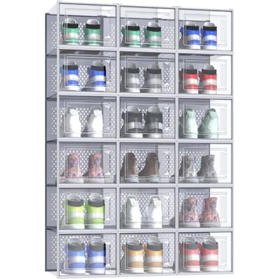 SONGMICS Shoe Boxes, Pack of 18 Stackable Shoe Storage Organisers, Foldable and Versatile for Sneakers, Fit up to UK Size 11, Transparent and Grey LSP007G18 SONGMICS Shoe Boxes, Pack of 18 Stackable Shoe Storage Organisers, Foldable and Versatile for Sneakers, Fit up to UK Size 11, Transparent and Grey LSP007G18