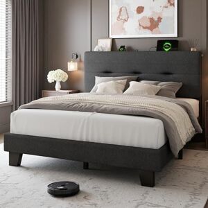 Feonase 4ft Double Bed Frame with Storage Linen Headboard, Upholstered Bedframe double bed with Charging Station, Sturdy Wooden Slat Support, Easy Assembly, Dark gray Feonase 4ft Double Bed Frame with Storage Linen Headboard, Upholstered Bedframe double bed with Charging Station, Sturdy Wooden Slat Support, Easy Assembly, Dark gray