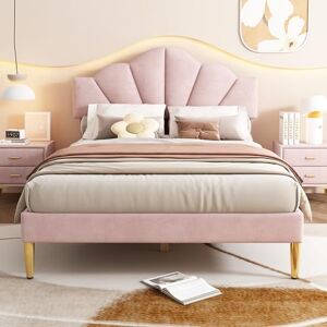 Ball & Cast 3FT (135x190cm) Upholstered Single Bed Frame, Shell-like Velvet Bed with Golden Iron Legs & Height-adjustable Headboard, Wooden Slatted Frame Velvet, Pink Ball & Cast 3FT (135x190cm) Upholstered Single Bed Frame, Shell-like Velvet Bed with Golden Iron Legs & Height-adjustable Headboard, Wooden Slatted Frame Velvet, Pink