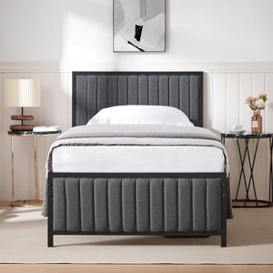 VECELO Single Size Bed Frame with Linen Fabric Headboard and Footboard, Heavy-Duty Platform with Strong Steel Slats, No Box Spring Needed, Easy Assembly, Grey VECELO Single Size Bed Frame with Linen Fabric Headboard and Footboard, Heavy-Duty Platform with Strong Steel Slats, No Box Spring Needed, Easy Assembly, Grey