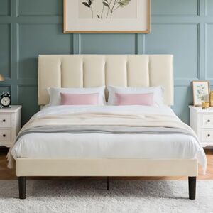 VECELO Double Size Bed Frame 4ft6 Upholstered Platform with Adjustable Velvet Headboard, Sturdy Wooden Slat Support, No Box Spring Needed, Easy Assembly, Beige VECELO Double Size Bed Frame 4ft6 Upholstered Platform with Adjustable Velvet Headboard, Sturdy Wooden Slat Support, No Box Spring Needed, Easy Assembly, Beige
