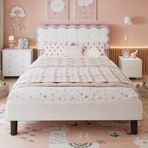 Ball & Cast Upholstered Double Bed with Biscuit-Shape Velvet Backrest, 4FT6 Kids Bed Frame with Sturdy Slatted Base, Soft Comfortable Headboard, Velvet, Beige and Pink, 135×190cm Ball & Cast Upholstered Double Bed with Biscuit-Shape Velvet Backrest, 4FT6 Kids Bed Frame with Sturdy Slatted Base, Soft Comfortable Headboard, Velvet, Beige and Pink, 135×190cm