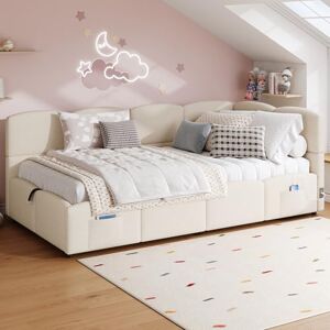 Merax 3FT Upholstered Single Sofa Bed Daybed with Slatted Frame, Hydraulic Storage and USB Charging Port, Boucle Children’s Ottoman Bed, 90 x 190 cm, Beige (Mattress Not Included) Merax 3FT Upholstered Single Sofa Bed Daybed with Slatted Frame, Hydraulic Storage and USB Charging Port, Boucle Children’s Ottoman Bed, 90 x 190 cm, Beige (Mattress Not Included)