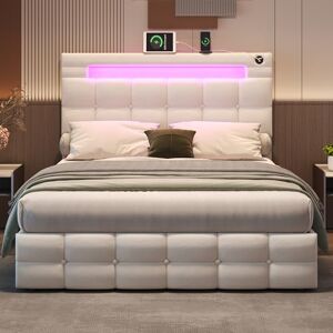 Ball & Cast Upholstered Bed Frame with Hydraulic Lift and Adjustable Button Tufted Headboard, 4ft6 Double Bed Frame with LED Lighting and Charging Station, Velvet Functional Ottoman Storage Bed, No Mattress Beige Ball & Cast Upholstered Bed Frame with Hydraulic Lift and Adjustable Button Tufted Headboard, 4ft6 Double Bed Frame with LED Lighting and Charging Station, Velvet Functional Ottoman Storage Bed, No Mattress Beige