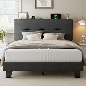 Feonase Double Bed Frame with Charging Station, Linen Upholstered Platform Bed Frame Double Beds with Storage Headboard, Wooden Slat Support, Noise Free, Easy Assembly, Dark gray Feonase Double Bed Frame with Charging Station, Linen Upholstered Platform Bed Frame Double Beds with Storage Headboard, Wooden Slat Support, Noise Free, Easy Assembly, Dark gray