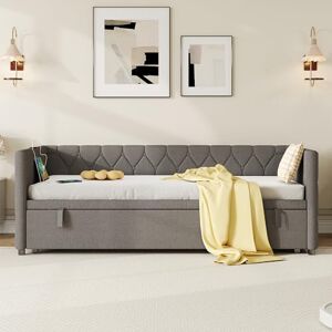 Ball & Cast Upholstered Daybed, Sofa Bed with Charging Station, 3ft Single Button-tufted Bed with USB and Type C Ports, Pull out Trundle Bed for Living Room/Bedroom/Study Room, Linen, Grey Ball & Cast Upholstered Daybed, Sofa Bed with Charging Station, 3ft Single Button-tufted Bed with USB and Type C Ports, Pull out Trundle Bed for Living Room/Bedroom/Study Room, Linen, Grey 