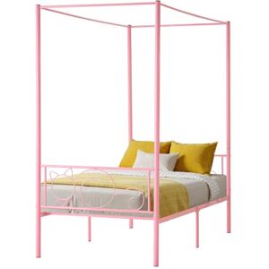 VEVOR Twin Size Canopy Bed Frame, Metal Canopy Bed with Minimalist Headboard & Four Posters Design, Heavy Duty Steel Slats Support, Underbed Storage Space, No Box Spring Needed, Easy Assembly, Pink VEVOR Twin Size Canopy Bed Frame, Metal Canopy Bed with Minimalist Headboard & Four Posters Design, Heavy Duty Steel Slats Support, Underbed Storage Space, No Box Spring Needed, Easy Assembly, Pink