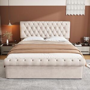 Ball & Cast Upholstered Double Bed 135 x 190 cm, 4FT6 Luxurious Velvet Button-Tufted Sleigh Bed Storage, Functional Bed with Slatted Frame and Storage, Suitable for Adultes and Teens, Beige Ball & Cast Upholstered Double Bed 135 x 190 cm, 4FT6 Luxurious Velvet Button-Tufted Sleigh Bed Storage, Functional Bed with Slatted Frame and Storage, Suitable for Adultes and Teens, Beige