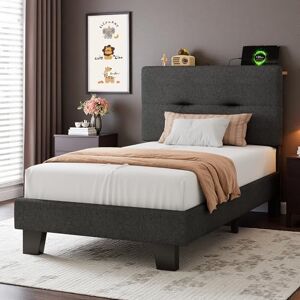 Feonase 3ft Single Bed Frame with Storage Linen Headboard, Upholstered Single beds with Charging Station, Sturdy Wooden Slat Support, Easy Assembly, Dark gray Feonase 3ft Single Bed Frame with Storage Linen Headboard, Upholstered Single beds with Charging Station, Sturdy Wooden Slat Support, Easy Assembly, Dark gray