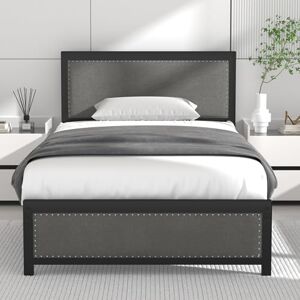 VECELO Single Size Bed Frame with Linen Fabric Headboard and Footboard, Heavy-Duty Platform with Strong Steel Slats, No Box Spring Needed, Easy Assembly, Grey VECELO Single Size Bed Frame with Linen Fabric Headboard and Footboard, Heavy-Duty Platform with Strong Steel Slats, No Box Spring Needed, Easy Assembly, Grey
