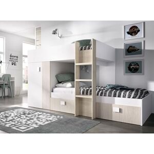 Dmora Bambini Cevedale, Complete Bedroom with Wardrobe and Drawers, Composition Bunk Bed with Two Single Beds, 271 x 111 x 150 cm, White and Oak Dmora Bambini Cevedale, Complete Bedroom with Wardrobe and Drawers, Composition Bunk Bed with Two Single Beds, 271 x 111 x 150 cm, White and Oak