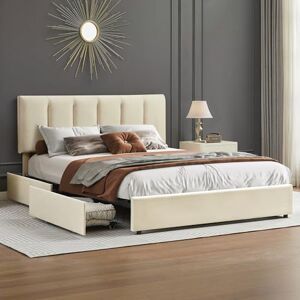 VECELO 4ft6 Double Bed Frame with 4 Storage Drawers, 135×190 cm Upholstered Platform with Adjustable Velvet Headboard, Wood Slat Support, No Box Spring Needed VECELO 4ft6 Double Bed Frame with 4 Storage Drawers, 135×190 cm Upholstered Platform with Adjustable Velvet Headboard, Wood Slat Support, No Box Spring Needed