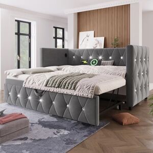 Ball & Cast Daybed Upholstered Single Bed mit Storage, Pull out Trundle Bed with USB &Type C Charging Sations, for Living Room and Bedroom, 90 x190 cm(no Mattress), Velvet, Gray Ball & Cast Daybed Upholstered Single Bed mit Storage, Pull out Trundle Bed with USB &Type C Charging Sations, for Living Room and Bedroom, 90 x190 cm(no Mattress), Velvet, Gray