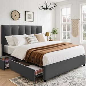 VECELO 4ft6 Double Bed Frame with 4 Storage Drawers, Upholstered Platform with Adjustable Velvet Headboard, Solid Wood Slat Support, No Box Spring Needed, Easy Assembly, Dark Grey VECELO 4ft6 Double Bed Frame with 4 Storage Drawers, Upholstered Platform with Adjustable Velvet Headboard, Solid Wood Slat Support, No Box Spring Needed, Easy Assembly, Dark Grey