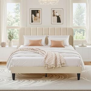 VECELO 4ft6 Double Bed Frame Upholstered Platform Bedframe with Adjustable Velvet Headboard, Sturdy Wooden Slat Support, No Box Spring Needed, Easy Assembly, Beige VECELO 4ft6 Double Bed Frame Upholstered Platform Bedframe with Adjustable Velvet Headboard, Sturdy Wooden Slat Support, No Box Spring Needed, Easy Assembly, Beige