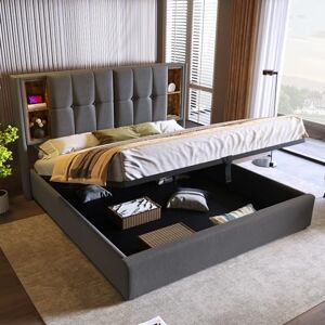 Ball & Cast Upholstered Hydraulic Double Bed-Frame, Linen Storage Platform Bed w/Wireless Charging(USB&Tyep-C), 4ft(135x190cm) Channel Tufted Beds with Headboard Open Shelves, No Mattress, Grey Ball & Cast Upholstered Hydraulic Double Bed-Frame, Linen Storage Platform Bed w/Wireless Charging(USB&Tyep-C), 4ft(135x190cm) Channel Tufted Beds with Headboard Open Shelves, No Mattress, Grey